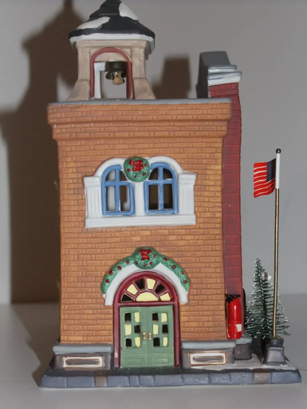 Vintage Heartland Valley Village Christmas Fire Station Lighted Porcelain House